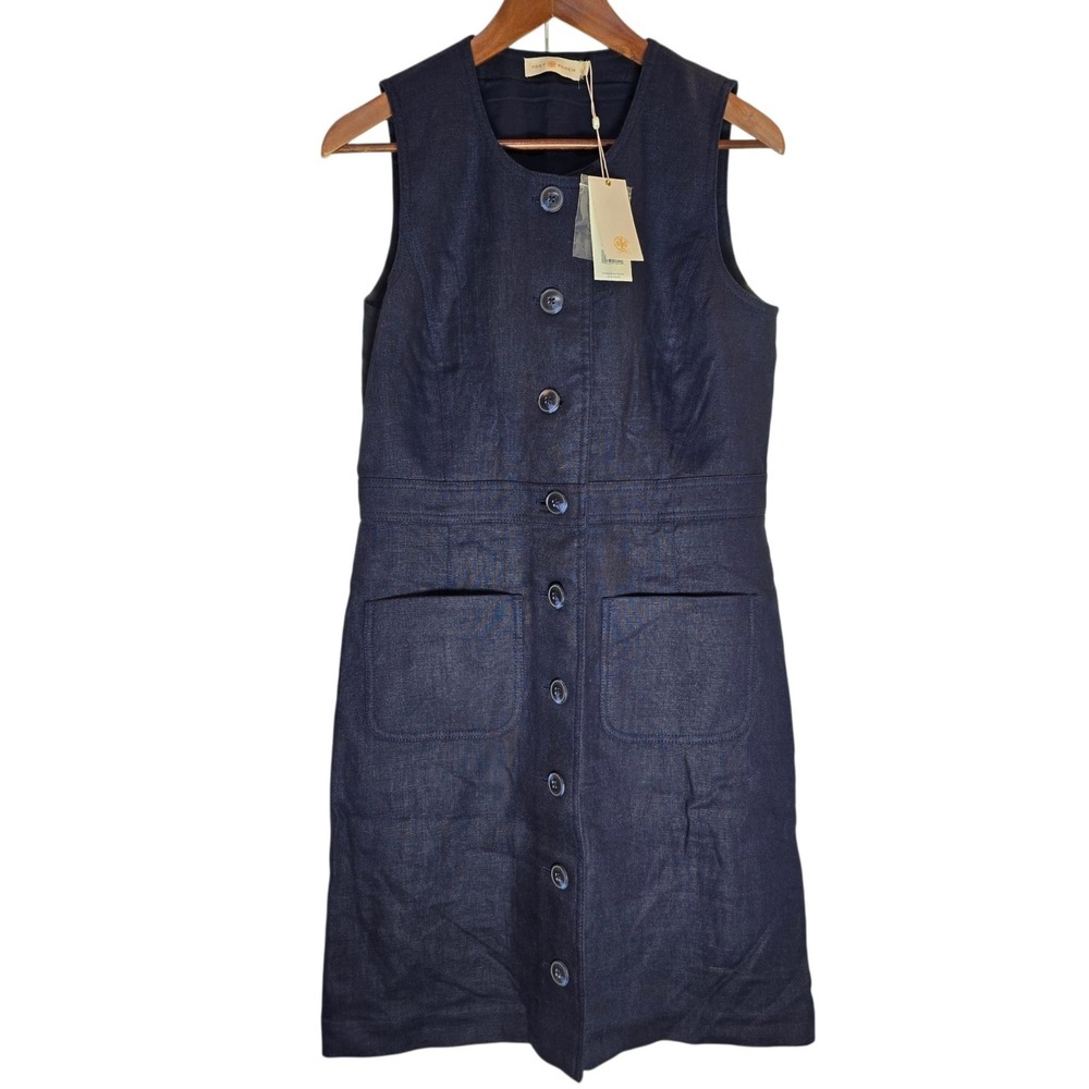 Tory Burch Linen Navy Button Pockets Sleeveless Shift Dress- Women's 4 NWT $358